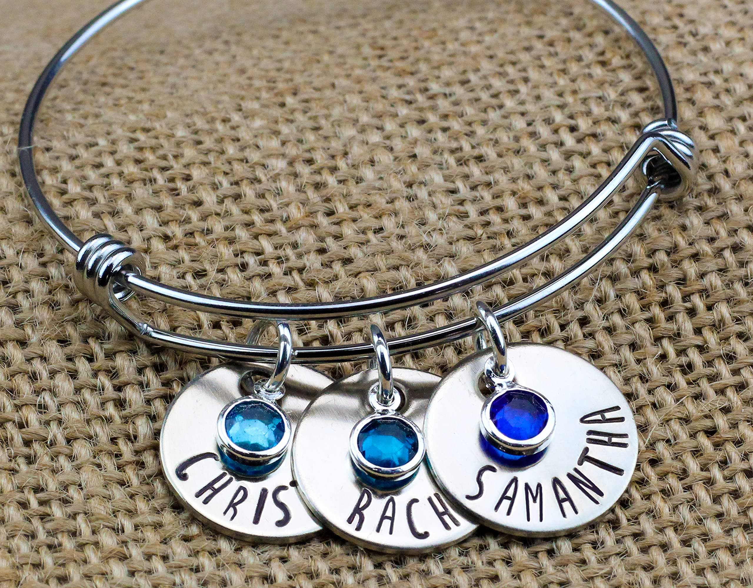 Christmas Gift Mom bangle bracelet, Personalized birthstone name charm, Hand stamped Jewelry, Christmas Gift Grandma bracelet, Stainless steel bracelet