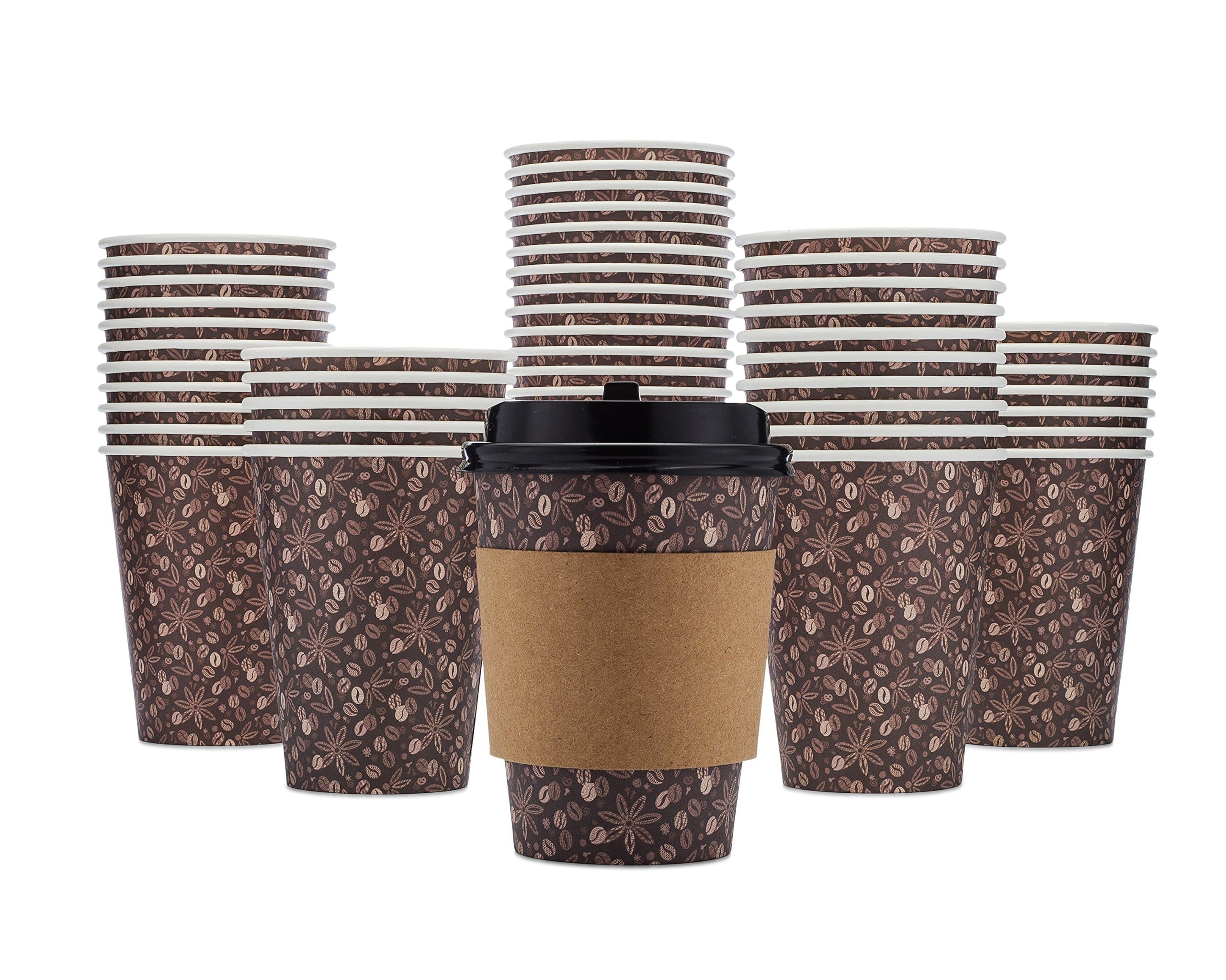 100 Pack - Disposable Hot Paper Coffee Cups - 12 Oz, Lids and Sleeves To Go