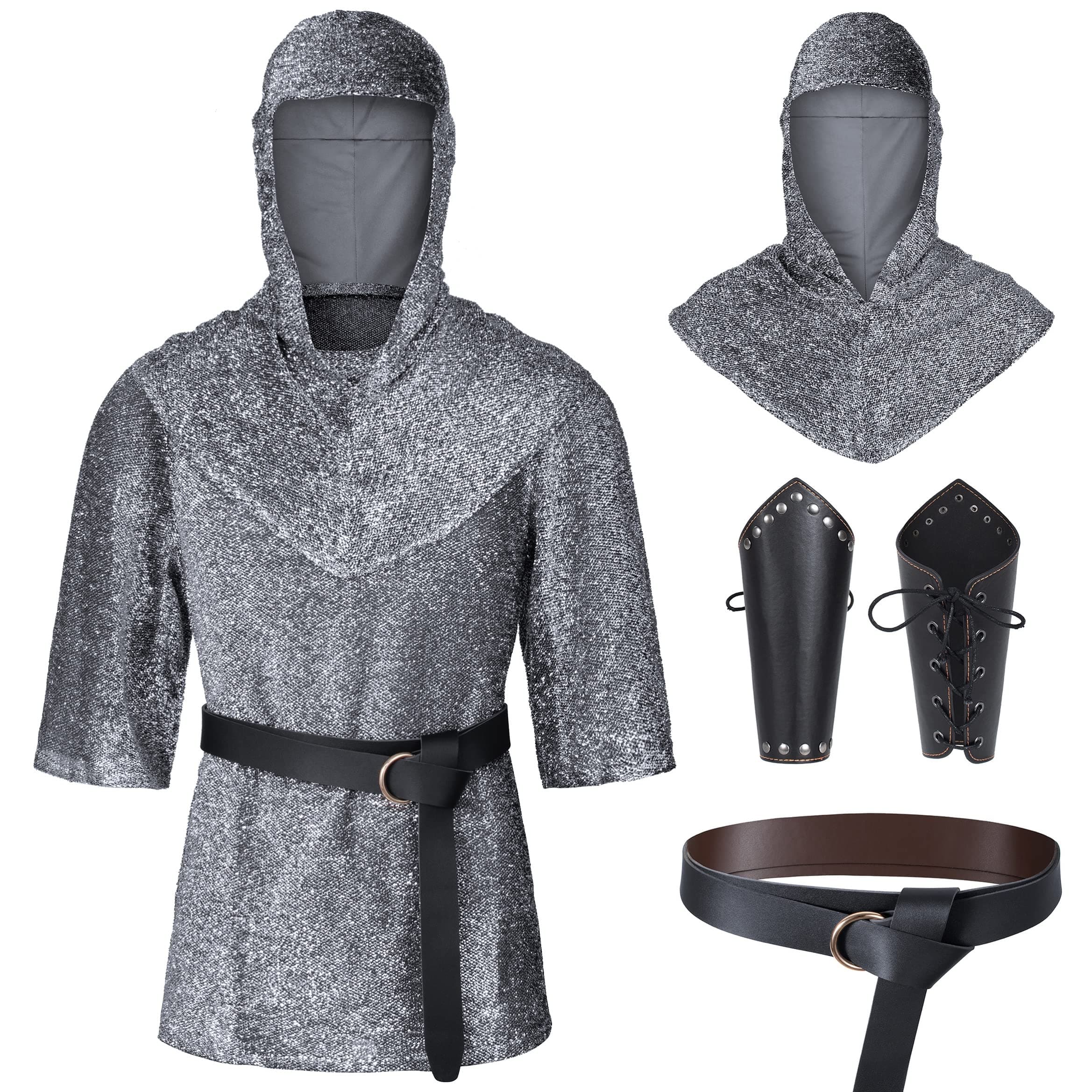 Renaissance Faux Chain Mail Armor Tunic Shirt Coif Medieval Knight Cowl Crusader Costume Outfit Bracers Waist Belt Set