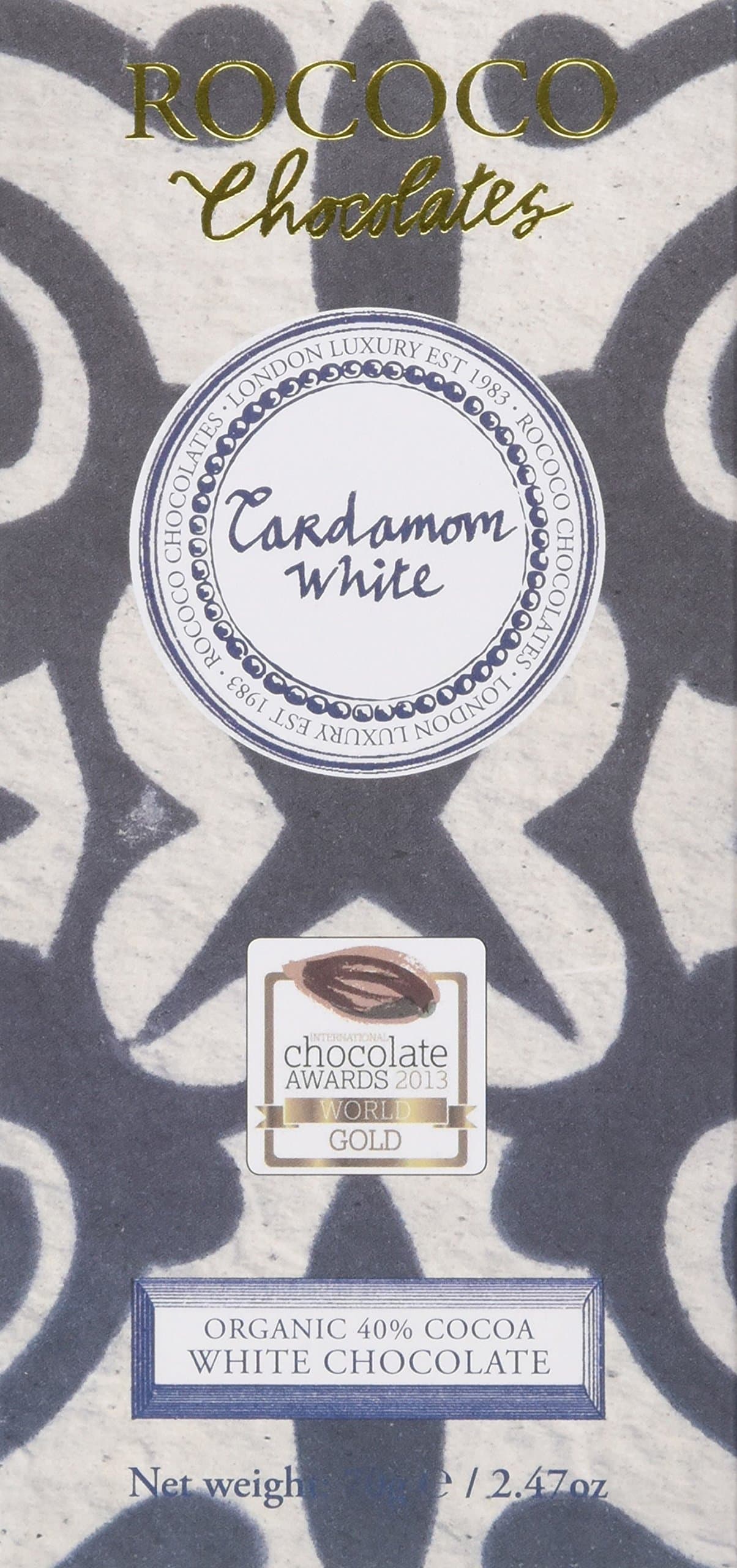 Rococo Chocolates Organic Cardamom White Chocolate Bar 70 g, Pack of 2