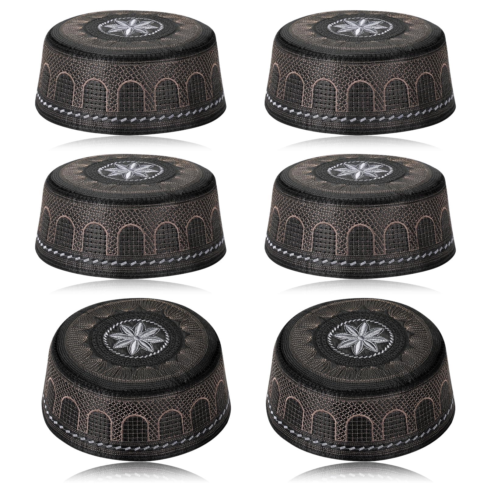 6 Pcs Eid Muslim Prayer Kufi Hat for Men Prayer Headwear Cap Islamic Beanie Skull Cap Embroidery Kofia Topi