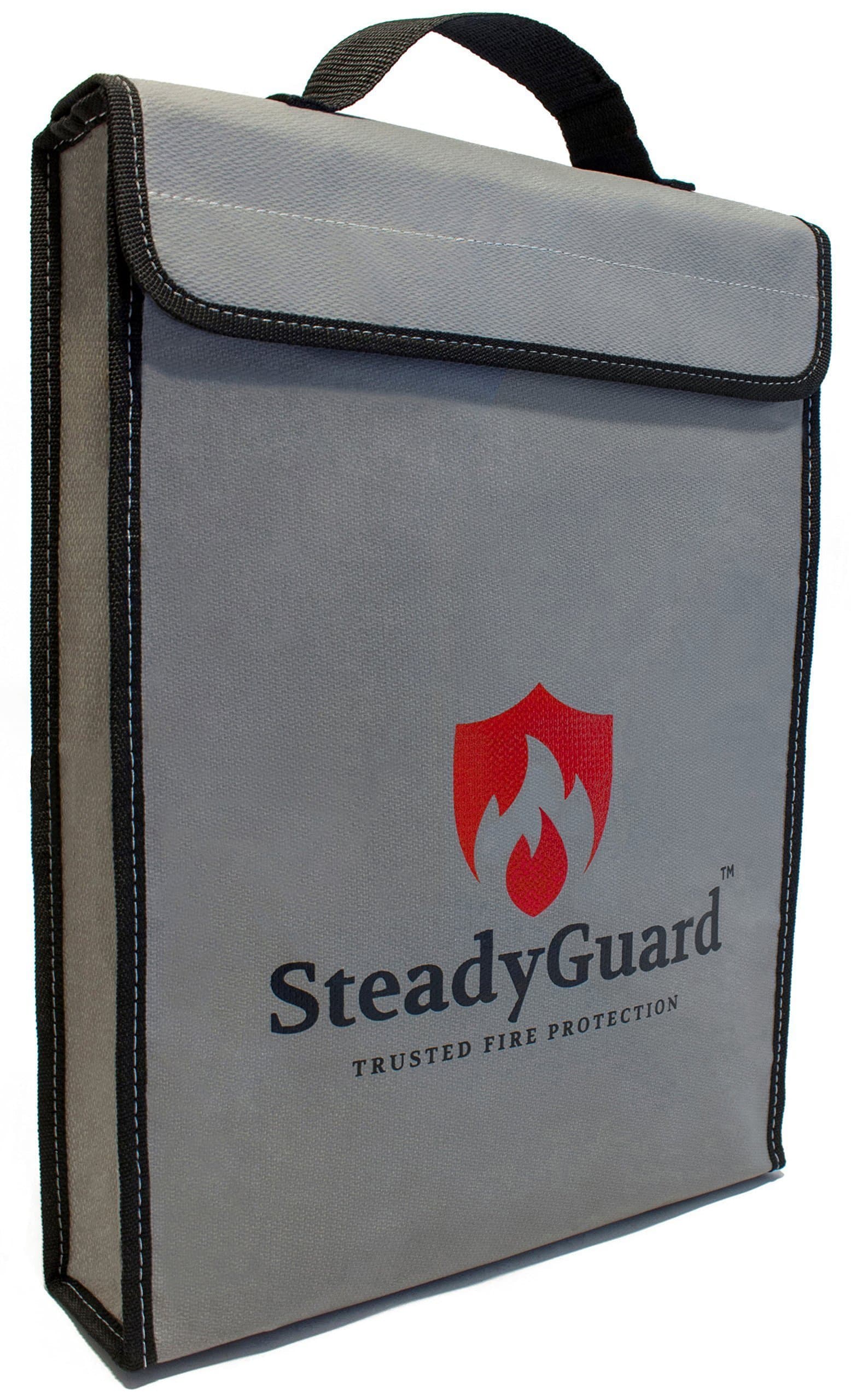 SteadyGuard Double Layer Premium Fireproof Bag - XL 15”x11.5”x2.5” - Non-Itchy Silicone Coated Fiberglass Pouch w/Zipper & Handle - Safe Storage of Valuables Documents Money - Water & Fire Resistant