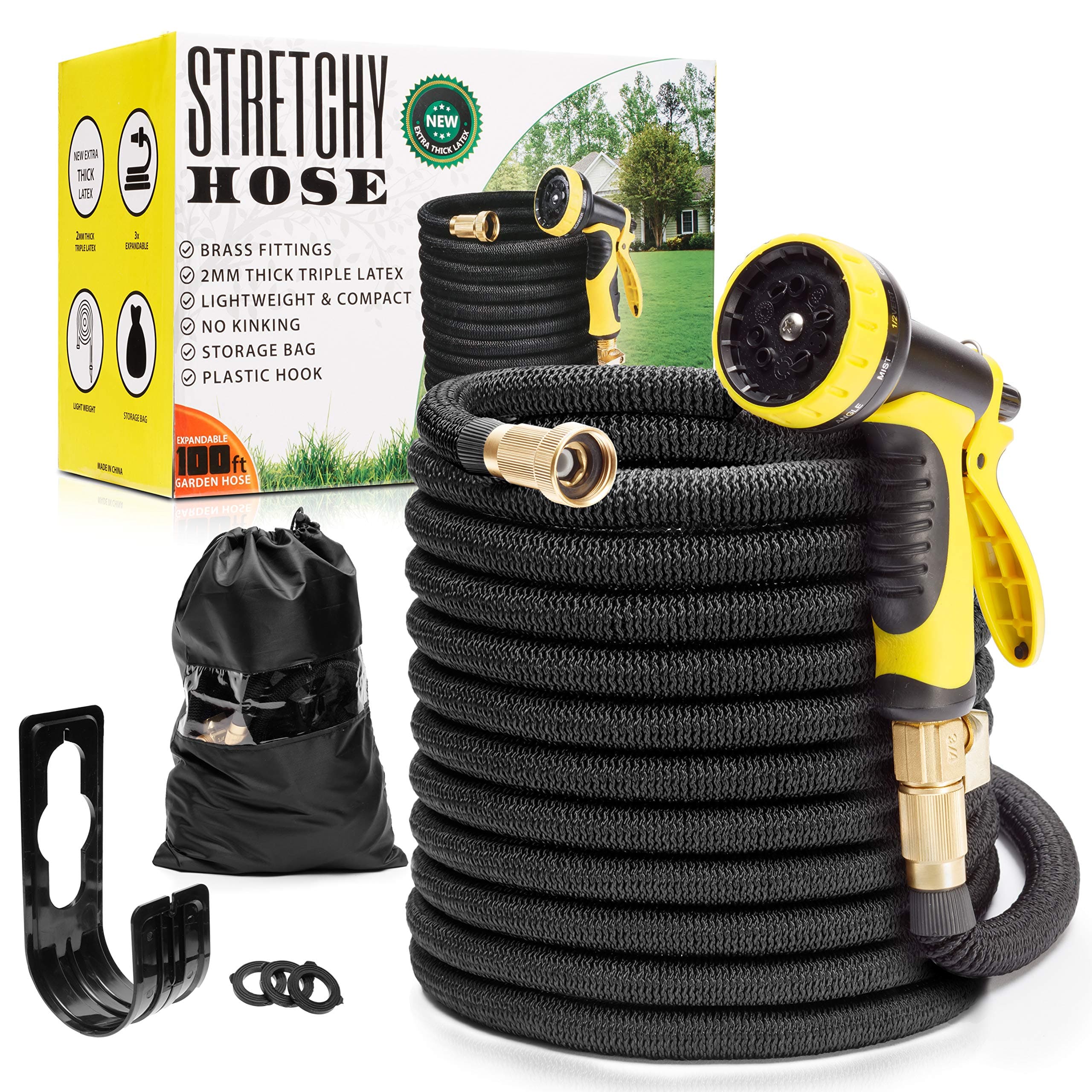 Flexible Garden Hose 100ft | Superior Lightweight Shrinking Hose | Never Kink Expandable Hose 100 ft | Black Leak Proof Retractable Hose 100 ft | Solid 3/4" Brass Connectors | 10 Function Hose Sprayer