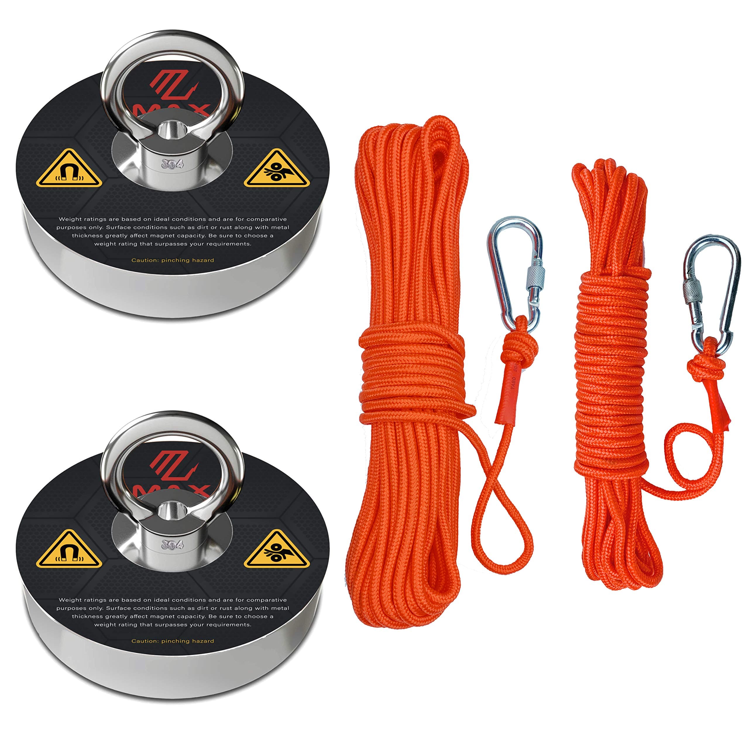 Max Magnets Fishing Magnet Kit, 2 Ropes with Twist Locking Carabiner + 2 Eyebolt Fishing Magnets 300 LB Pull Force Each