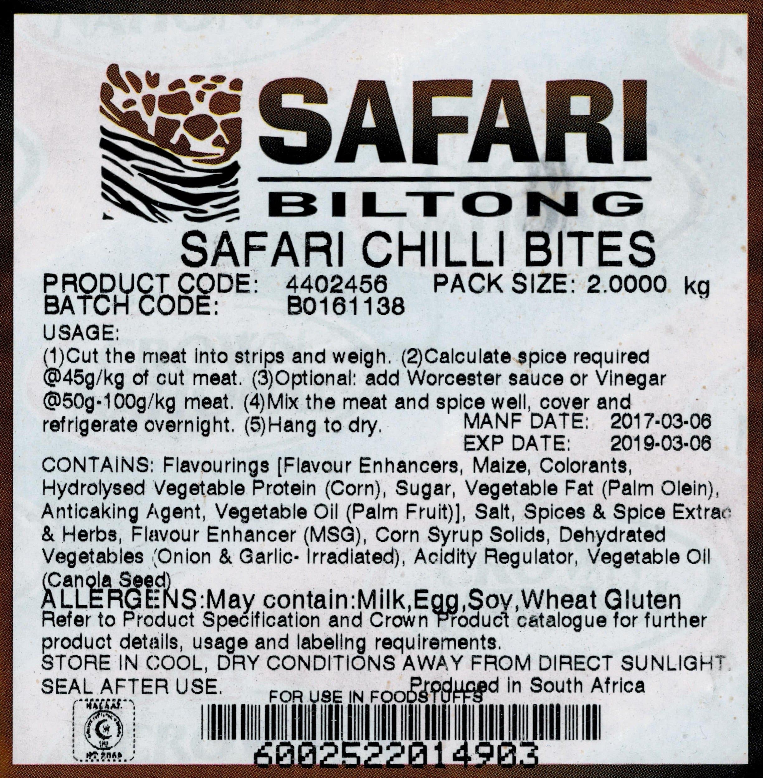 Crown National Safari Chilli Bite Seasoning Biltong Spice 2Kg Safari Seasoning Droewors Drywors