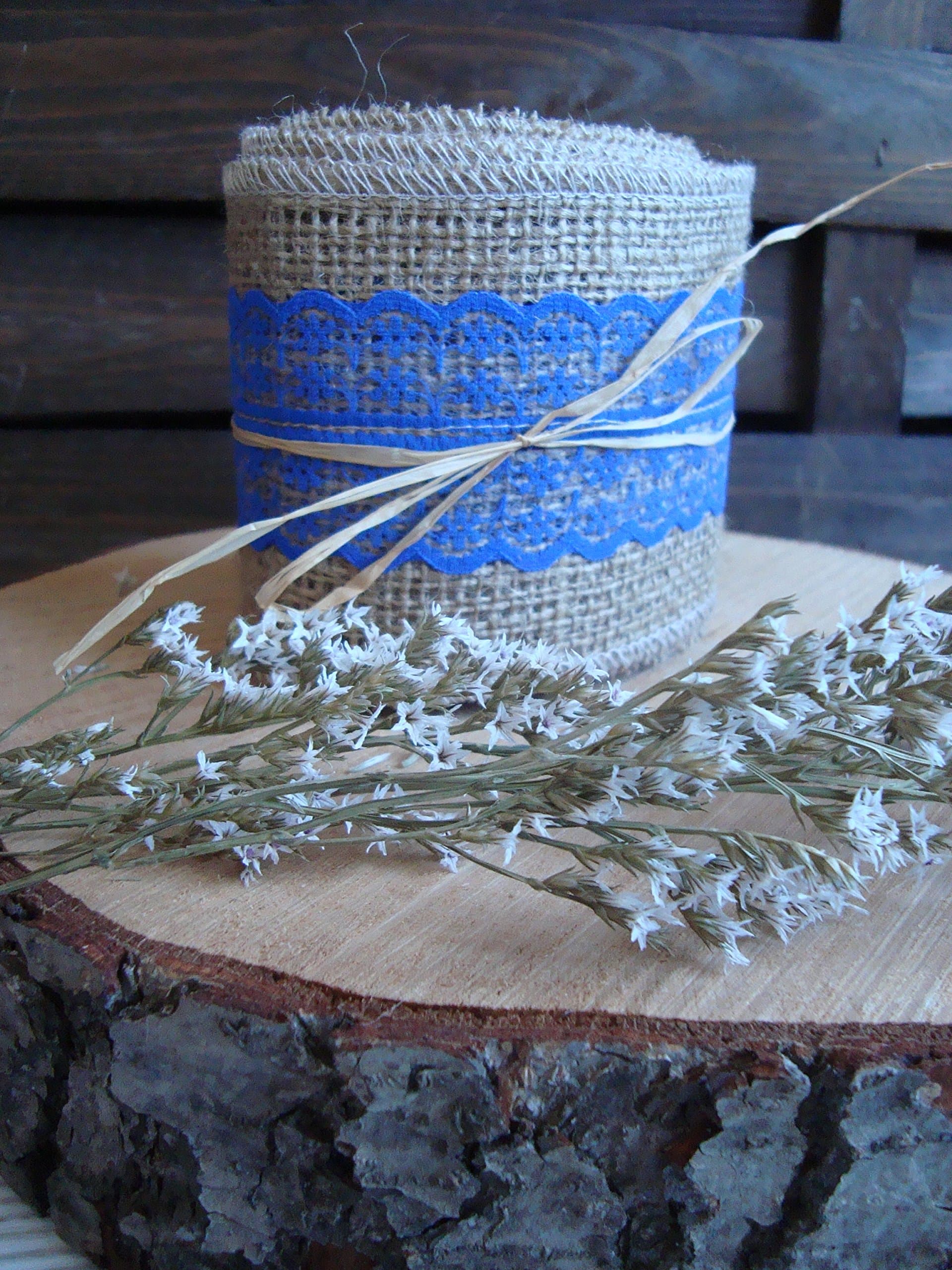 3.5" burlap lace ribbon trim, rustic wedding decor, burlap blue lace 4.5 yards roll, Cottage Chic ribbon trim, Shabby Chic ribbon trim