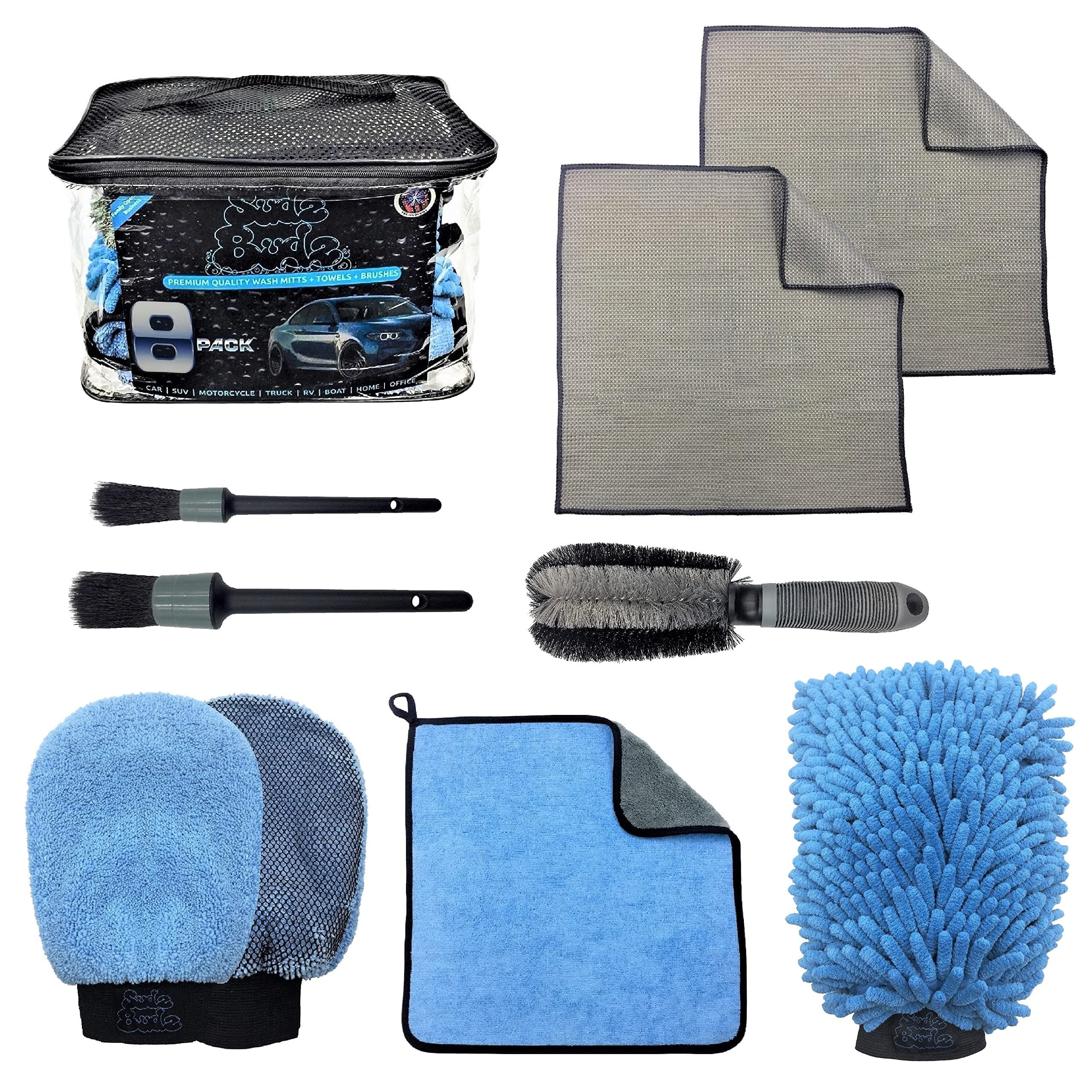 Sudz Budz® Premium Car Wash Kit 8pcs | Washing and Detailing Mitts, Microfiber Towels Set, Wheel Cleaning Brush, Detailing Brushes. Professional Detail Accessories for Exterior and Interior Car Care