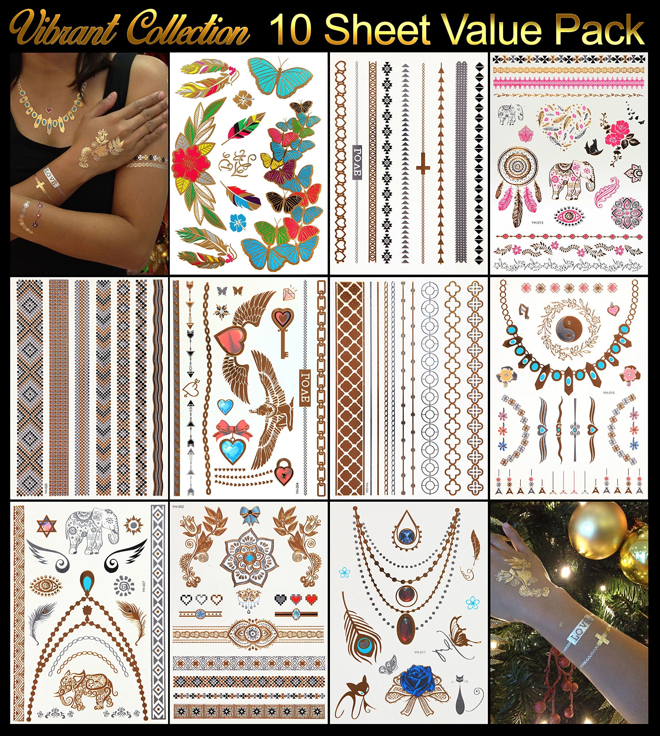 Metallic Tattoos - Pack of 10 Sheets with 129+ Temporary Flash Tattoos for Woman & Girls in Gold, Silver & Turquoise With Tribal, Flower & Butterfly Jewellery Designs Plus Many Other Styles
