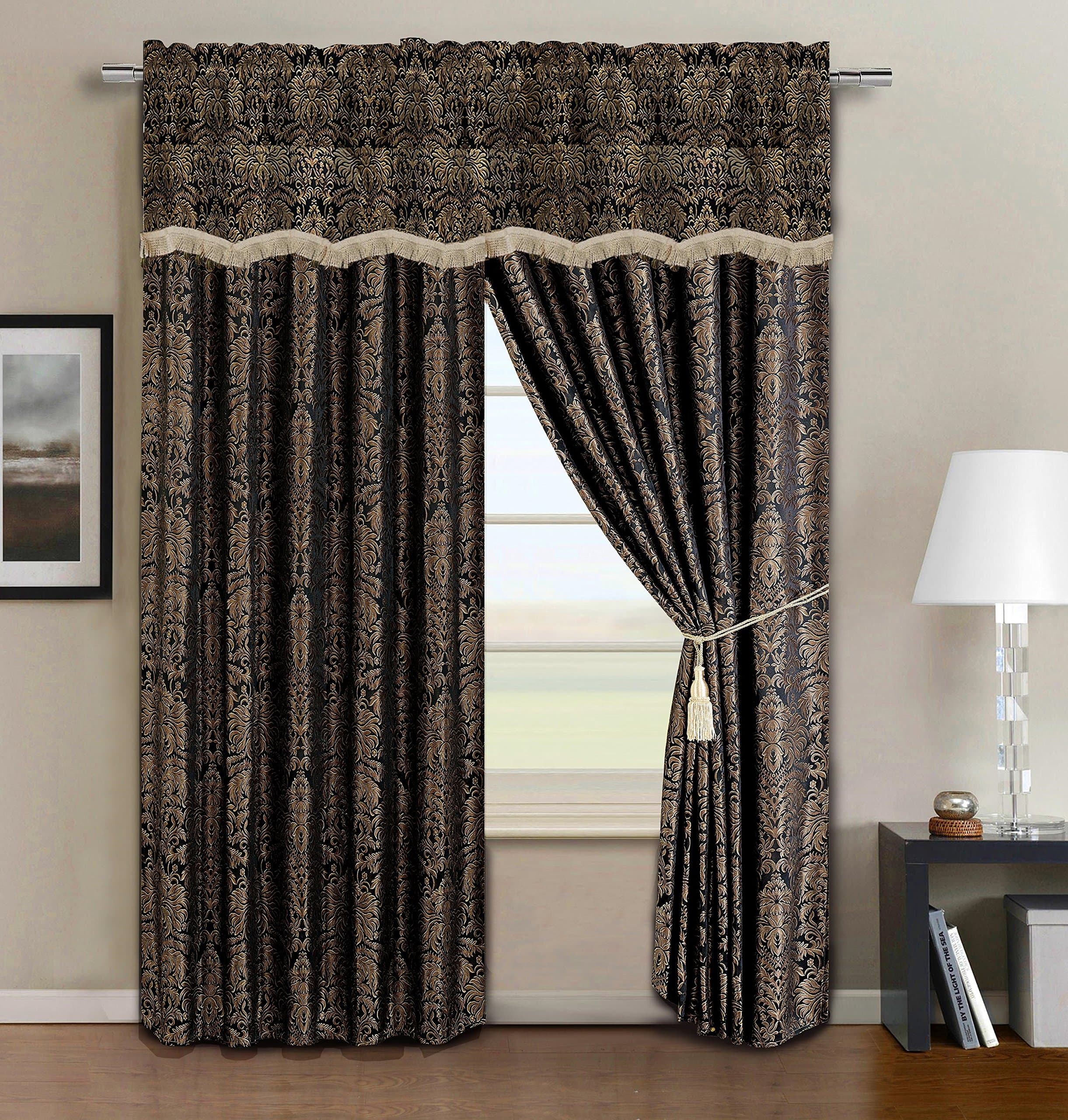 Valencia 4-Piece Black Gold Floral Jacquard Window Curtain Set with Attached Valance Sheer Backing, 108" x 84"