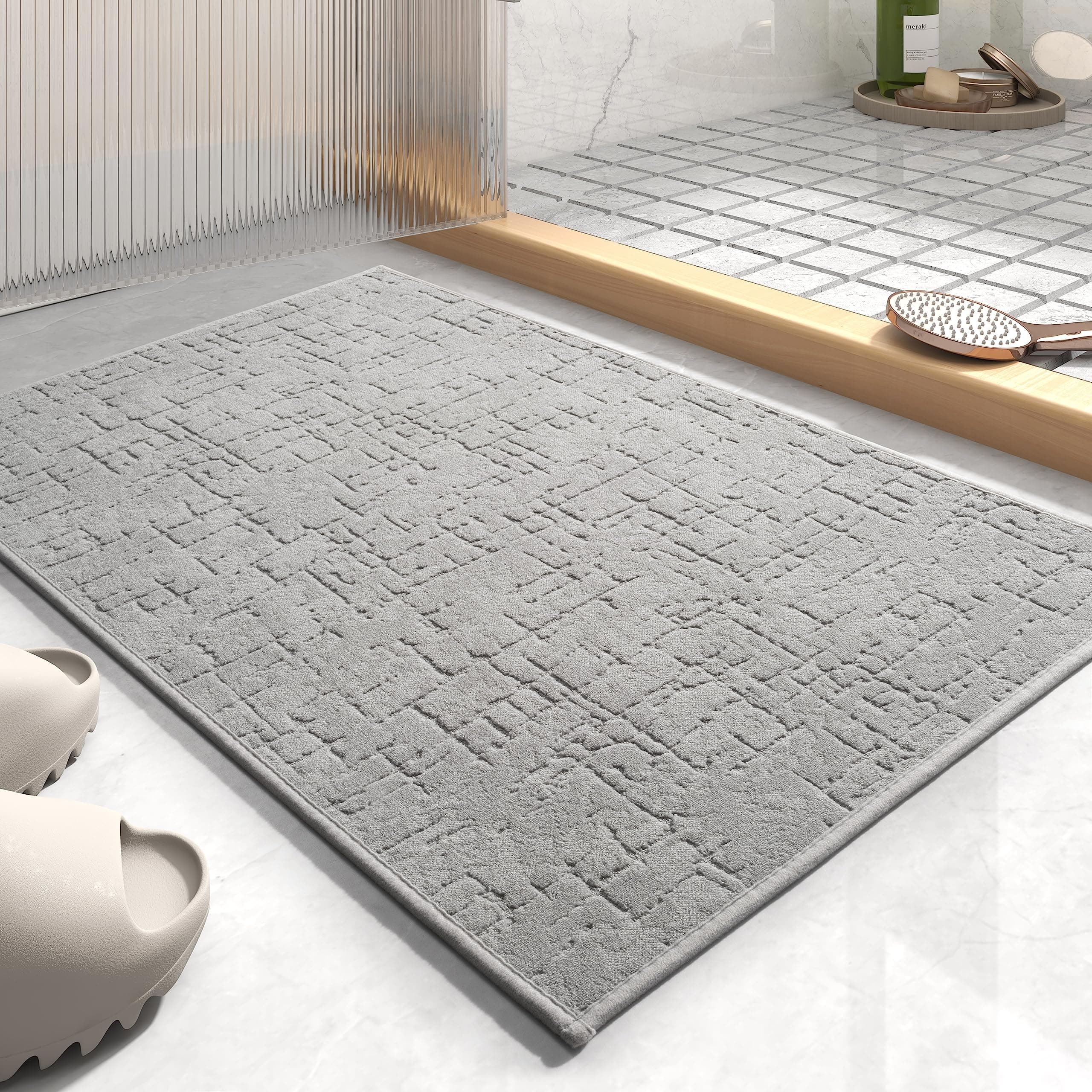 AMOAMI-Bath Mat-Absorbent Quick Dry Bathroom Floor Mats-Washable Rubber Backing Bath Mats for Bathroom Rugs Fit Under Door-Bath Rug for in Front of Sink Bathtub Shower Room, Grey 17''x24''