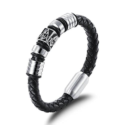 Stainless Steel Leather Genuine Leather Bracelet Bangle Cuff Silver Black Masonic Symbol Sign Retro Men