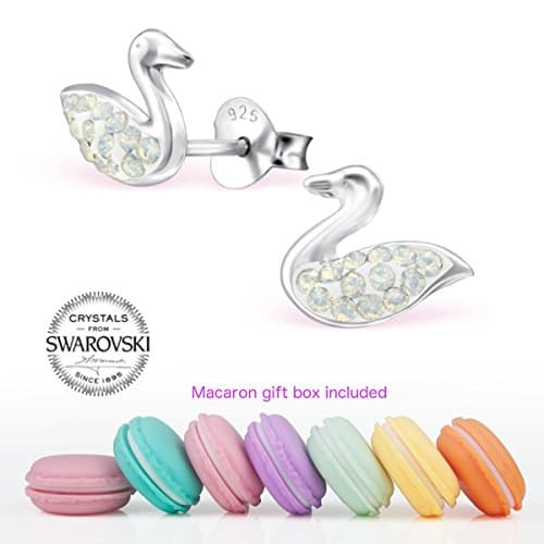 CuteCachoo - Mini macaron gift box included! Childrens swan ear studs with genuine crystal elements by Swarovski. Quality sterling silver earrings for kids or adults.