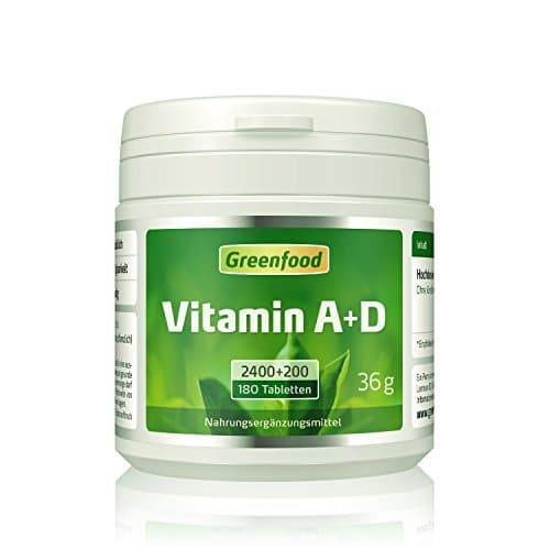 Greenfood - Vitamin A / D, 4000/1000 iE, 180 tablets, vegan - good vision, powerful bones, strong immune system. WITHOUT magnesium stearate! NO artificial additives. Non-GMO. Vegan.