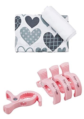 Little Rosa XL Premium Muslin Swaddles x 2 - White & Hearts with Pram Pegs Pink x 4. Attach to Pram/Buggy Quickly Securely