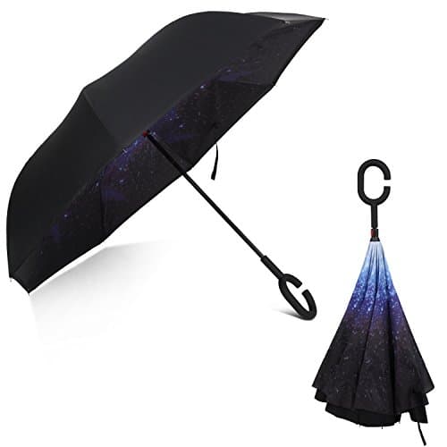 Double Layer Inverted Umbrella Cars Reverse Umbrella,Windproof UV Protection Big Straight Umbrella for Car Rain Outdoor With C-Shaped Handle Travel Umbrella by Elecmart(Blue Sky)