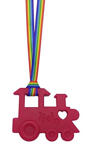 Sensory Oojamabobs - Train pendant chew necklace - Autism - Red with lanyard (6 designs available!) (54cm, Rainbow)