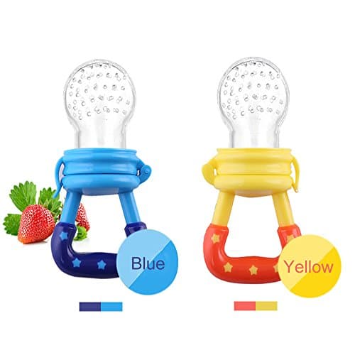 Baby Silicone Teething Toy-Fresh Fruit Food Feeder Soother with Handgrip Baby Food Bag Baby Teether with Nipple Food Infant Feeding Toys with Teat-Pacifier for Boys and Girls-2 PCS (Blue,Yellow)