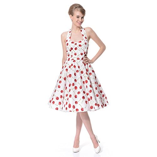 Women's Floral Print 50s Inspired Vintage Rockabilly Party Dresses Halterneck (XL (US10/UK14/EU42), White Cherries)