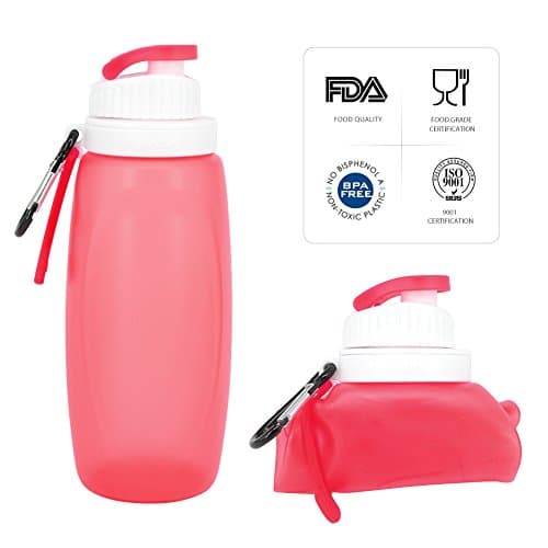 Chialstar Collapsible Silicone Sports Water Bottle BPA Free, Eco-friendly 320ml, 10 ounce Made for Running, Gym, Yoga, Outdoors and Camping(Rose red)