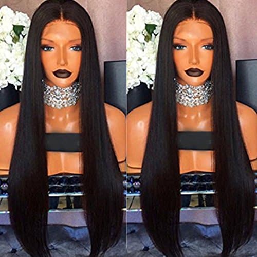 PlatinumHair Long Black Silky Straight Wigs Synthetic Lace Front Wigs Heavy Density Glueless for Women Synthetic Wigs 18-26"