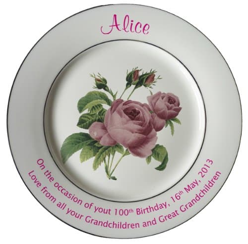 Personalised 100th Birthday Plate - Pink Rose Design with 2 Platinum Bands on The Rim
