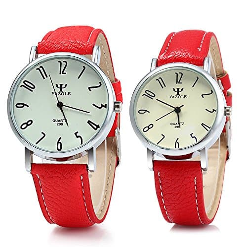 Leopard Shop Yazole Couple Business Quartz Watch with Leather Band White Red