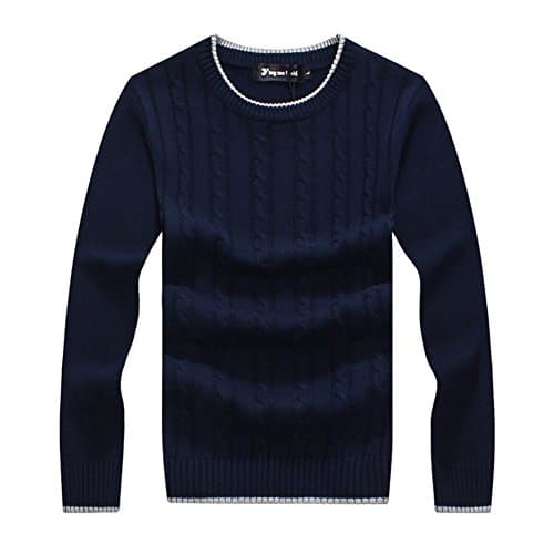 Men's Long Sleeves Perfect Slim Fit Crew-Neck Pullover Sweater With Braided Pattern (US M=Asian XL, Dark Blue)