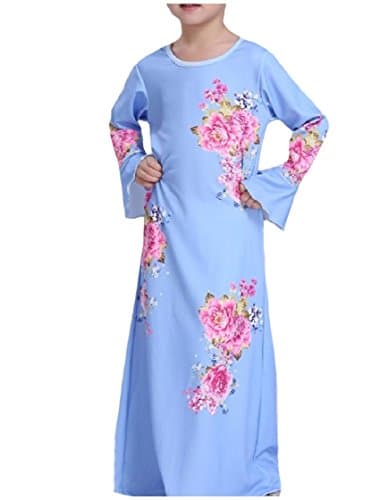 Sheng Xi Girls Islamic Printing Trumpet Sleeve Muslim Eid Abaya Dress Light Blue 140