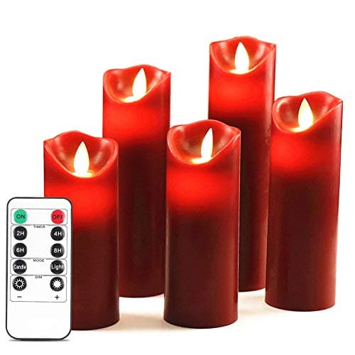 HEIOKEY LED Flameless Candles Red Battery Operated Candles Set of 5 (4" 5" 6" 7" 8") Decorative Electronic Candles Flickering Classic Real Wax Pillar with Moving LED Flame & Remote Control and Timer