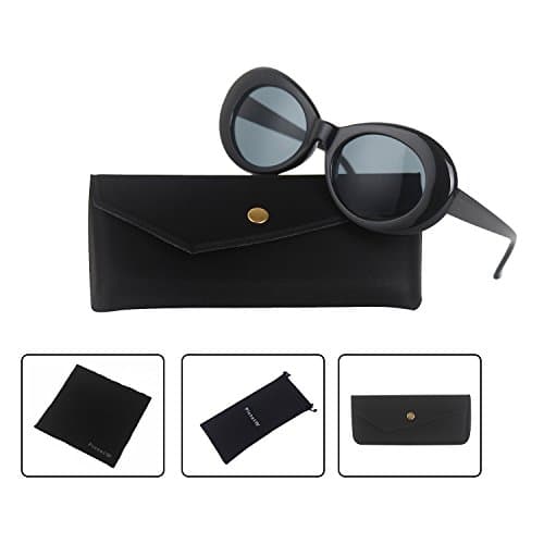 Clout Goggles Bold Retro Oval Mod Thick Frame Sunglasses Kurt Cobain Inspired Sunglasses Round Lens (Black / Gray)