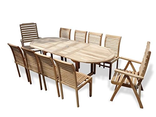 Windsor's Genuine Grade A Teak Buckingham 95" Oval Dining Extension Table w/8 Stacking Designer Chairs & 2 Reclining Folding Chairs, 5 Yr Wrty, World's Best Outdoor Furniture!