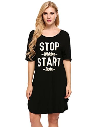 Ekouaer Womens Nightgown Letter Print Sleep Dress Nightshirt Summer Sleepwear (Style 3-Black, M)