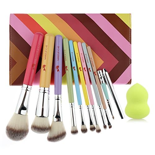 MAKEUP CAT 10 pieces Professional Make up Brushes Set Rainbow Cosmetic Brushes with travel Pouch premium Synthetic Makeup Foundation Brush Eyeliner Blush Contour Brush set for Powder Cream Concealer