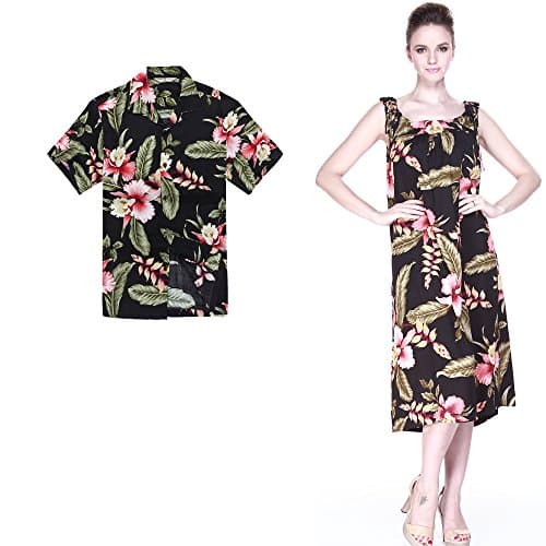 Hula Hula Batik Couple Matching Hawaiian Luau Outfit Aloha Shirt Melani Dress in Black Rafelsia