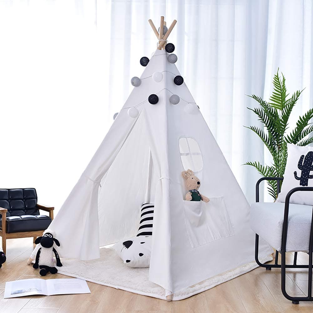 Innospo Teepee Tent for Kids Play Tent with Carry Bag for Indoor Outdoor - 4 Wooden Poles Canvas Tipi (White) (Teepee Tent)