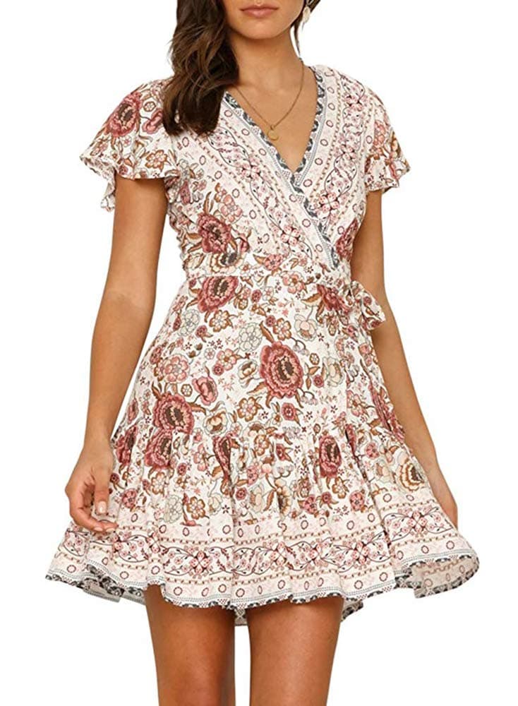 Summer Dresses for Women Short Sleeve A-line Bohemian Floral Print Casual Dresses V Neck Beach Mini Ruffle Dresses with Belt 5 Color Size 8-20