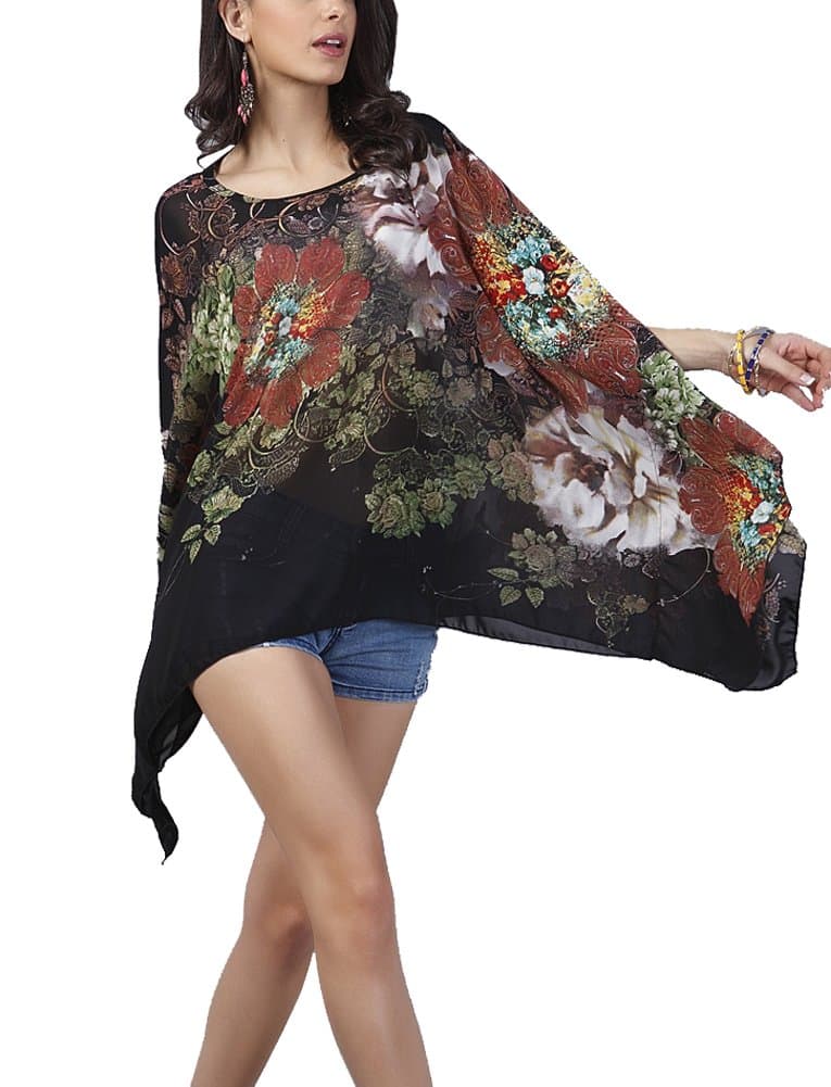 Max Hsuan Womens Ladies Baggy Oversize Plus Size Batwing Tunic Top Blouse Floral Chiffon Kaftan
