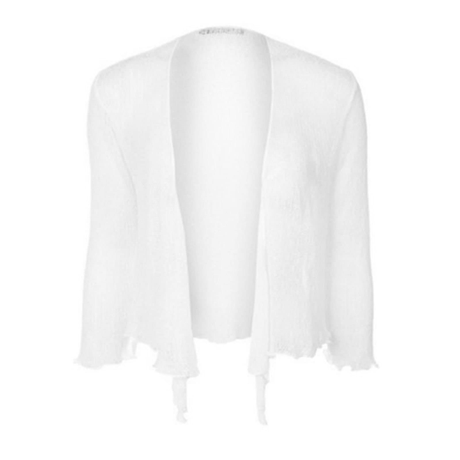 Women Ladies Girls Cropped Bolero UK Standard One Free Plus Size Stretchy Tie Up 3/4 Sleeve Front Fine Knit Shrug Top (White)