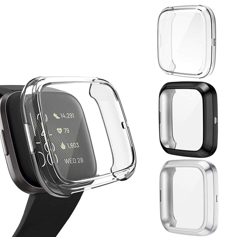 Compatible with Fitbit Versa 2 Case, KIKAL 3 Pack Ultra Slim Soft TPU Screen Protector Cover Bumper Shell Scratch Resistant Shock Absorbing for Versa 2 Smartwatch Accessories(Clear+Black+Silver)