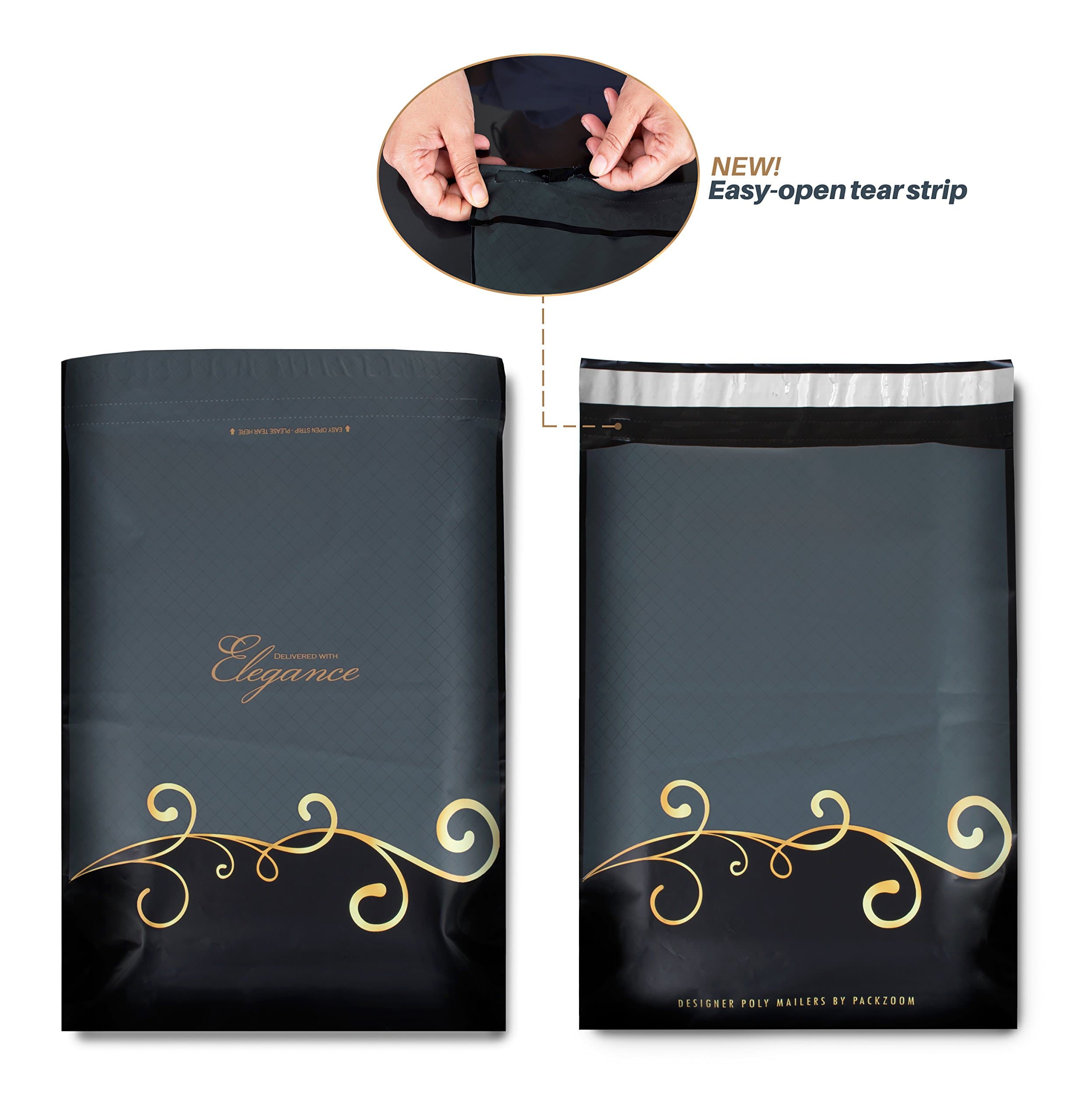 100 10X13 Designer Poly Mailers with Easy-Open Tear Strip, Strong Glue, Anti-Static Release Liner, 2.4 Mil Thickness - Envelopes Mailing Shipping Bags with Design (Black & Gray)