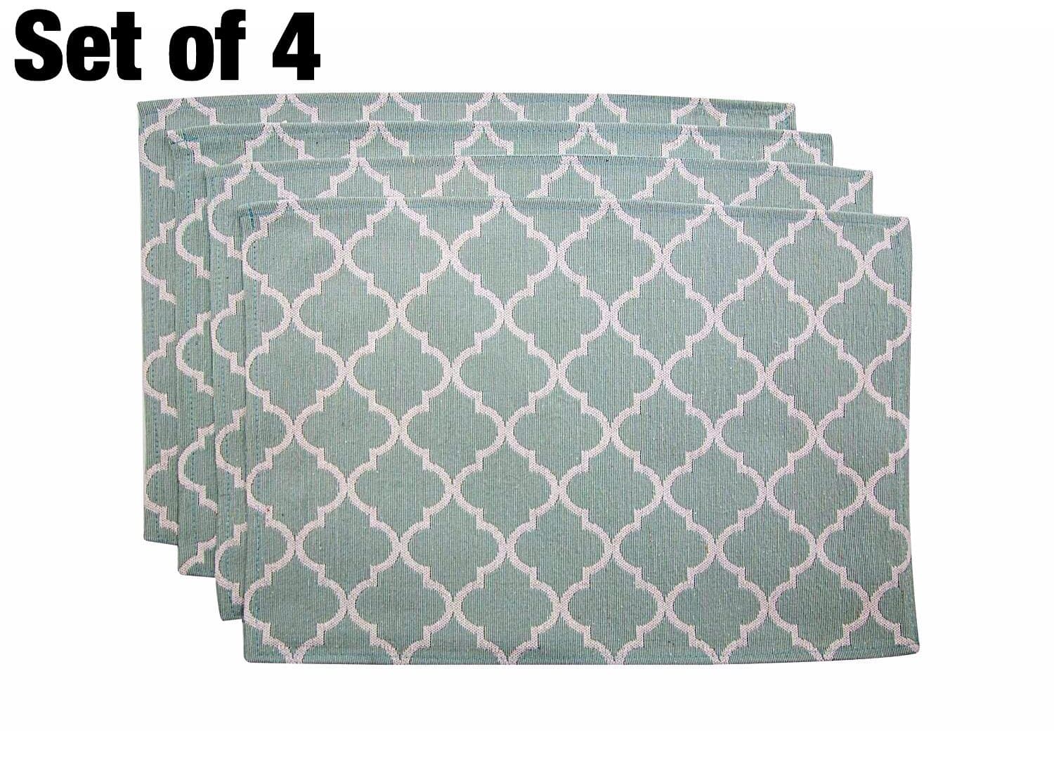 Living Fashions Washable Woven Quatrefoil Placemats (13” x 19”) Non-slip Table Mats for Kitchen Dining, Set of 4, Color Seafoam Green