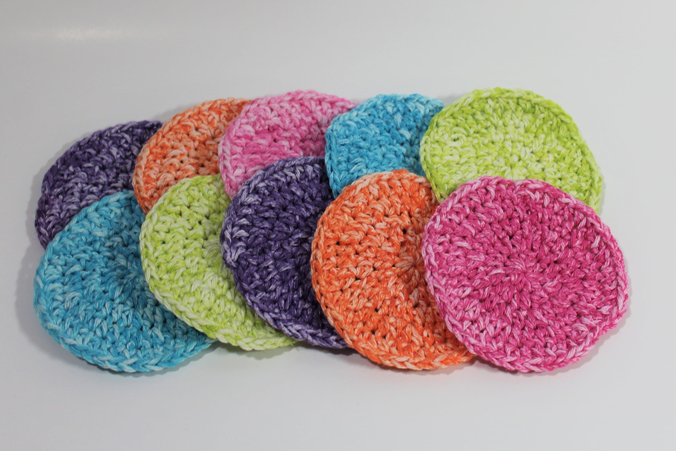 Handmade Crochet Makeup Remover Face Scrubbies (Set of 10) Pink, Purple, Blue, Orange and Green