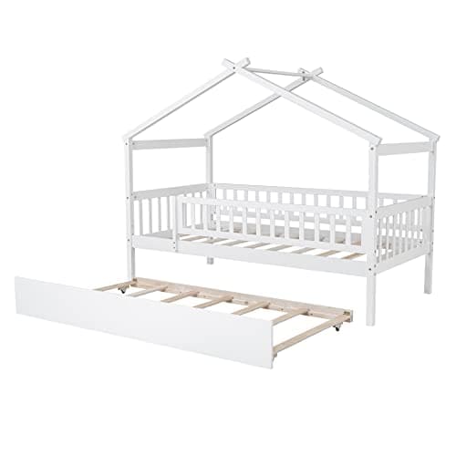 Bellemave House Bed with Trundle and Fence, Twin Size Montessori Style Beds with Railings, Wooden Playhouse Bed Frame for Kids Girls Boys, White