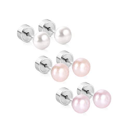 LUXU kisskids 316L Stainless Steel Pearl Stud Earrings for Kids Teen Girls Silver