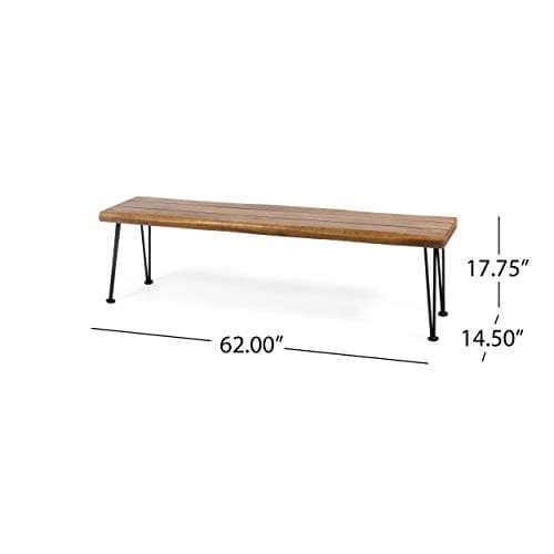 Gladys Outdoor Modern Industrial Acacia Wood Bench with Metal Hairpin Legs, Teak and Rustic Metal