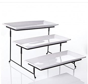 WCI 3 Tier Rectangular Serving Platter Set With Metal Rack - Three Tiered Dessert Cake Appetizer Set Display Tray Stand, WHITE
