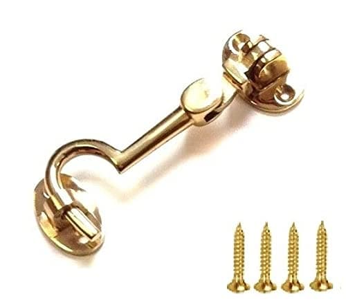 TERF® 75mm Heavy Duty Polished Brass Cabin Door Hook and Eye Lock 75mm (3 inch) Cabinet Latch including Fixing Screw For Door Gate Window Closet Shed Latch - Pack of 1