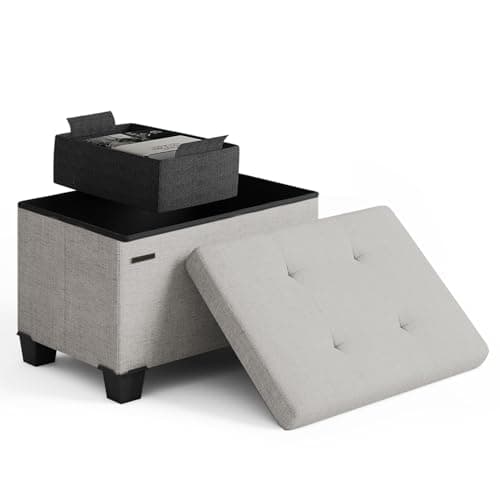 Storage Ottoman Cube with Small Bin, 16-in Square Ottoman with Storage for Living Room and Bedroom, Small Ottomans Foot Rest, Fabric Foot Stools Ottomans Max 330lbs, Light Grey