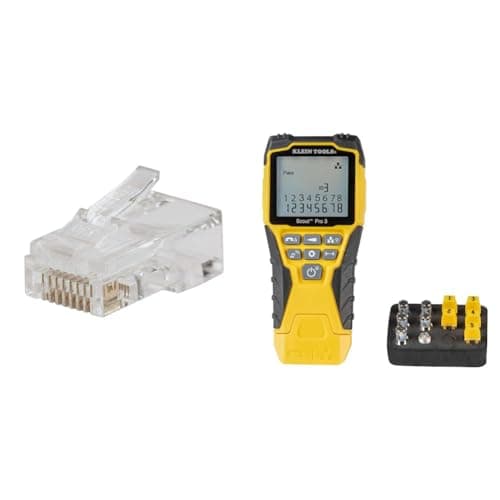 Klein Tools CAT6 200-Pack Pass-Thru Modular Data Plug Bundle with Scout Pro 3 Cable Tester Kit for Ethernet, Coax and Phone Cables
