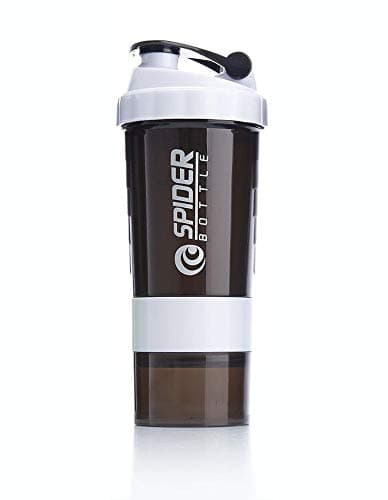 MENZY Shake & Sip Spider Protein Shaker Bottle for Gym - Multi Vitamins Pills and Supplements Storage Two Compartments Sports & Fitness Sipper Bottles, 500 ml (White, Black)